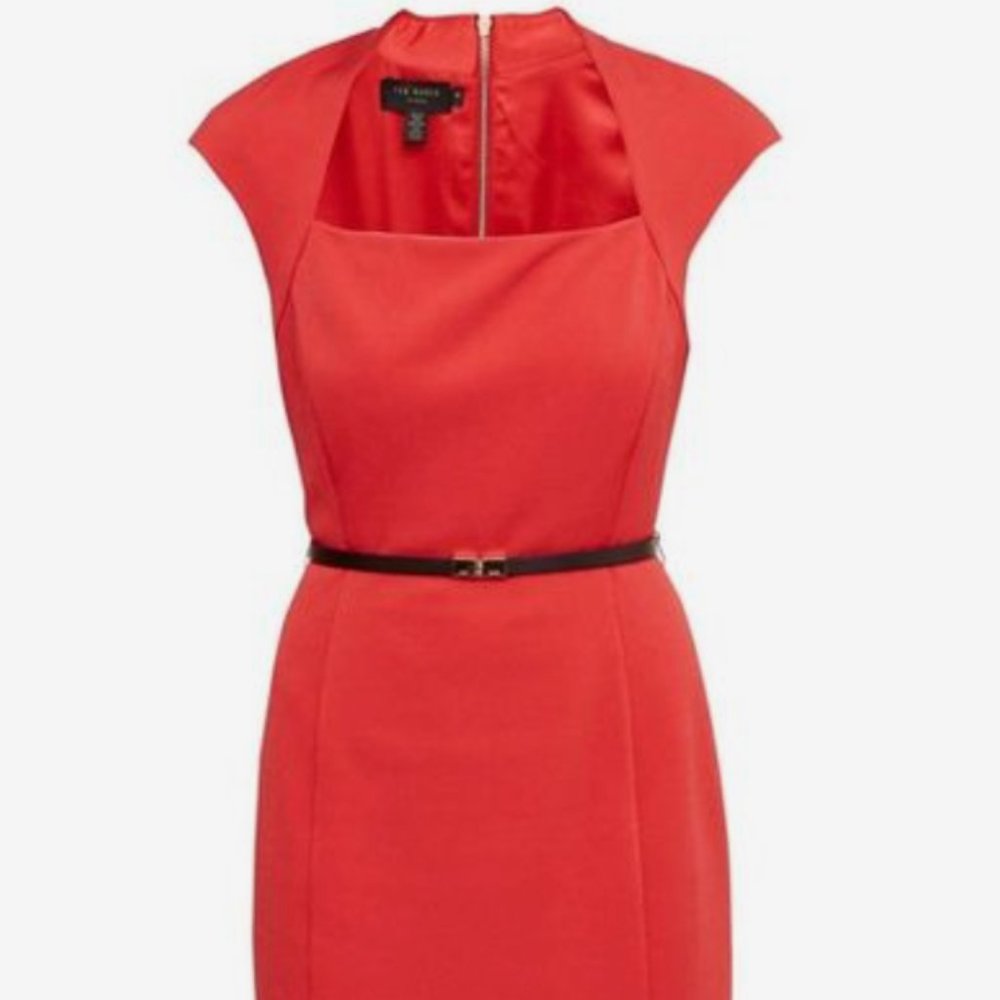 Ted baker red square neck belted sheath dress